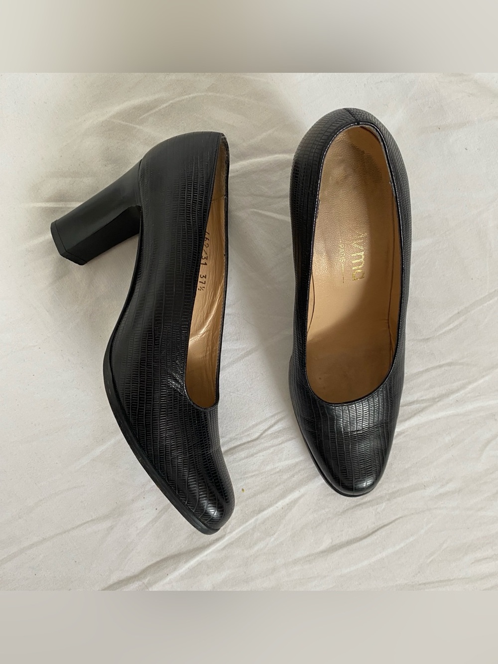 Vintage Black Lizard Embossed Leather Block Heels Made in France